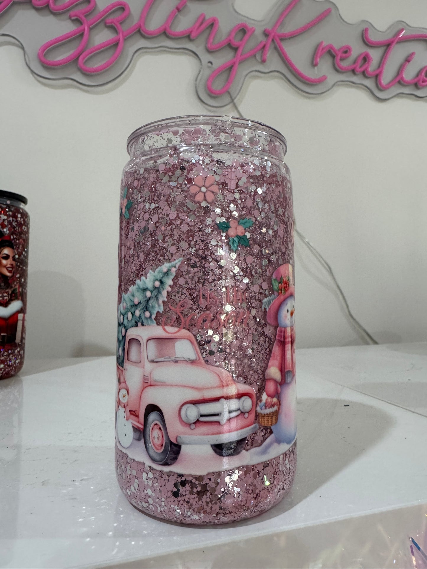 Pink Christmas acrylic snow globe