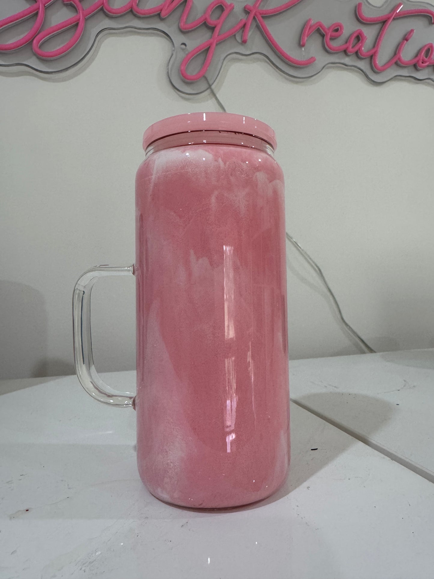 Pink milkshake glass snow globe with handle