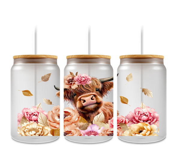 pink flowers highland cow