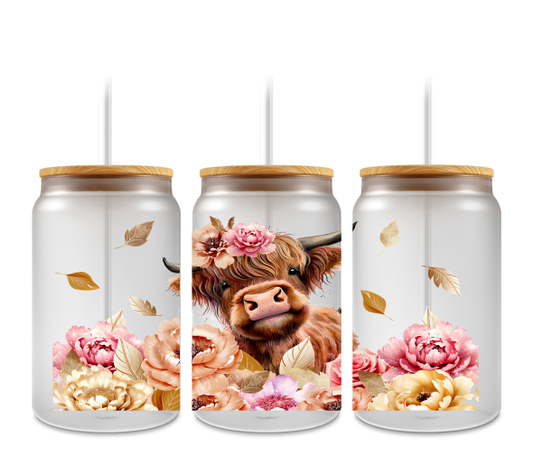 pink flowers highland cow