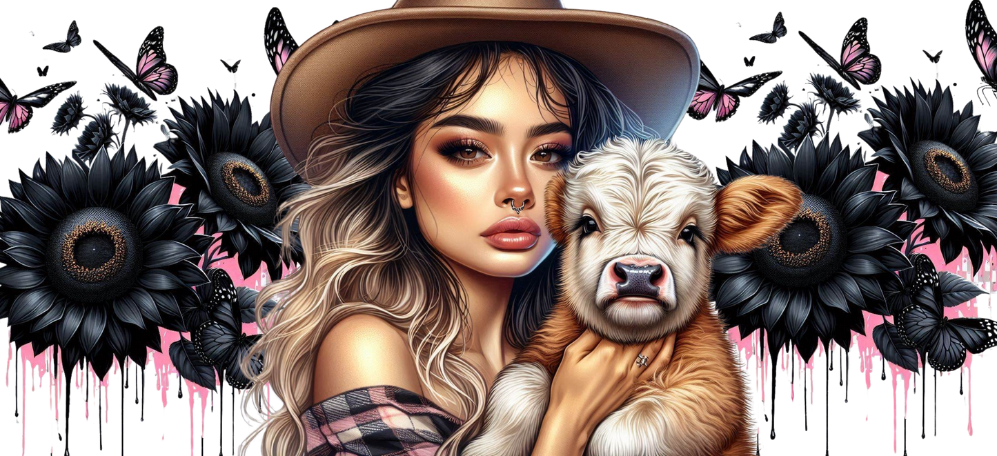 Lady and her cow black & pink